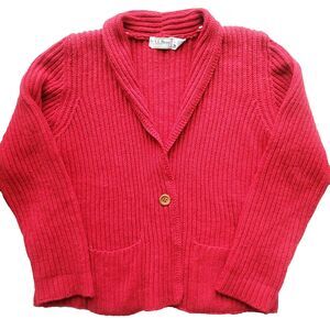 VTG L L Bean Cardigan Sweater Womens L Red Wool Rib Knit Fisherman Shawl Collar